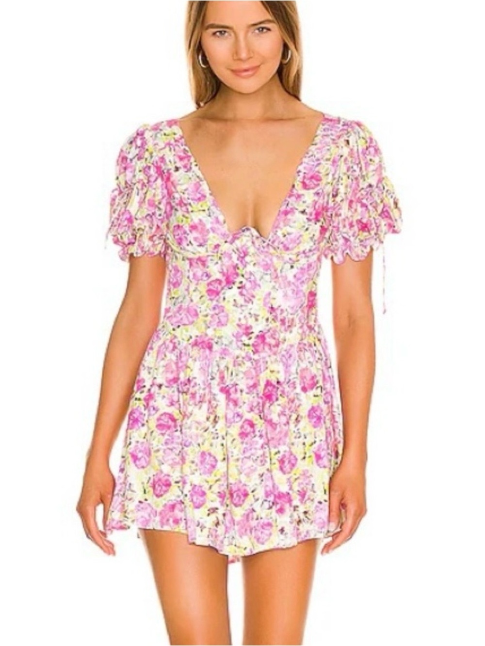For Love and Lemons Paulina Puff Sleeve Mini Dress in Pink